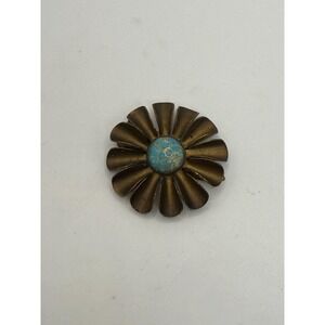 Vintage Sweater Clip Single Floral Turquoise Center Bronze Tone Mid Century